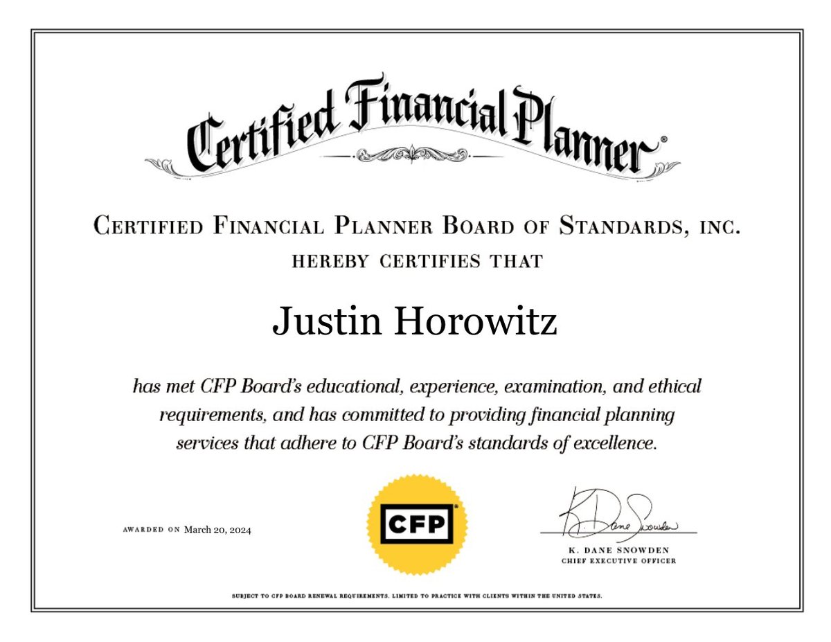 CFP Board certificate for Justin Horowitz