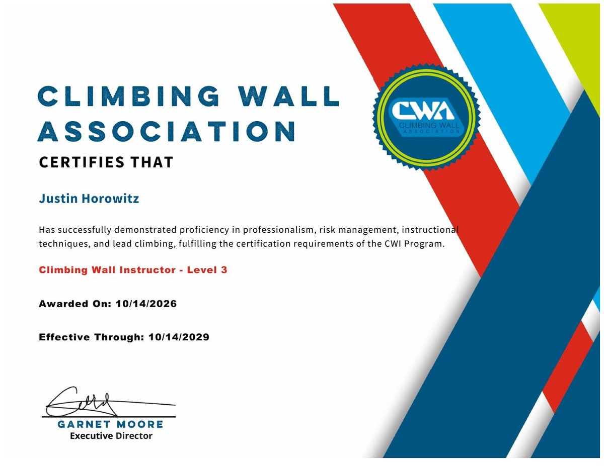 Climbing Wall Association certificate: Climbing Wall Instructor, Level 3