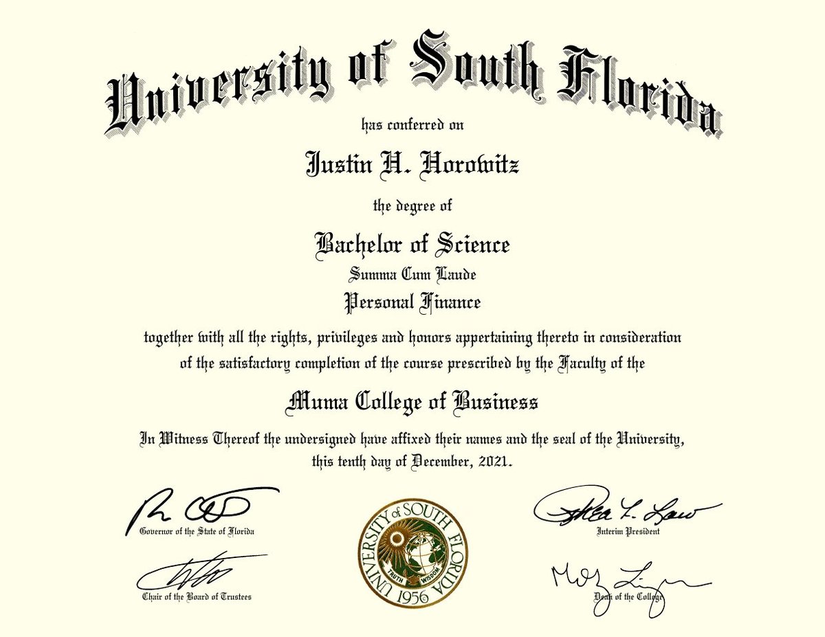 University of South Florida diploma: Bachelor of Science in Personal Finance, summa cum laude